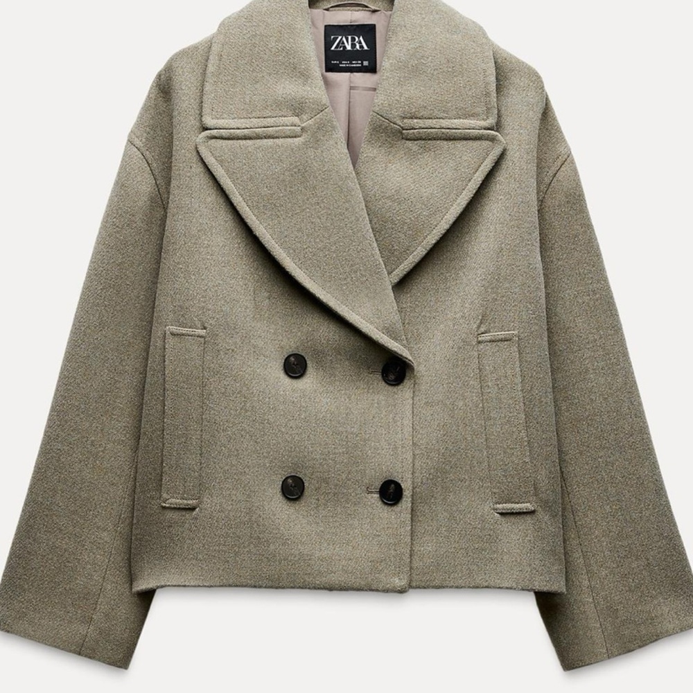 Zara Green Peacoat Double-Breasted Wool Blend